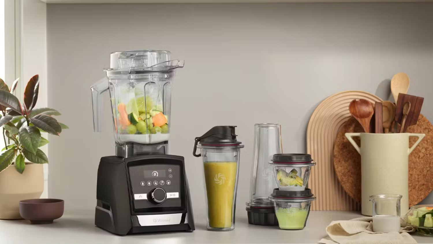 Load video:  Our most advanced blender features 5 program settings (for Smoothies, Hot Soups, Dips &amp; Spreads, Frozen Desserts, and Self-Cleaning) that automatically adjust to your container size, process your recipes, and stop the blender when complete. Touchscreen controls are easily wiped clean, and a programmable built-in timer helps you achieve your perfect blend, every time.